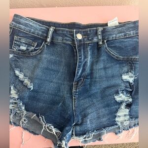 SHEIN Dark Blue Distressed High-Rise Denim Shorts